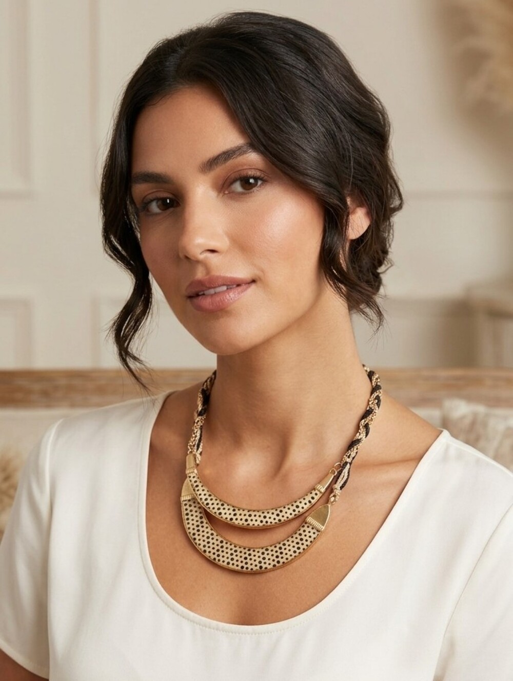 Chicos Gold-Tone Double Crescent Reversible Necklace Black Enamel & Cream Polka